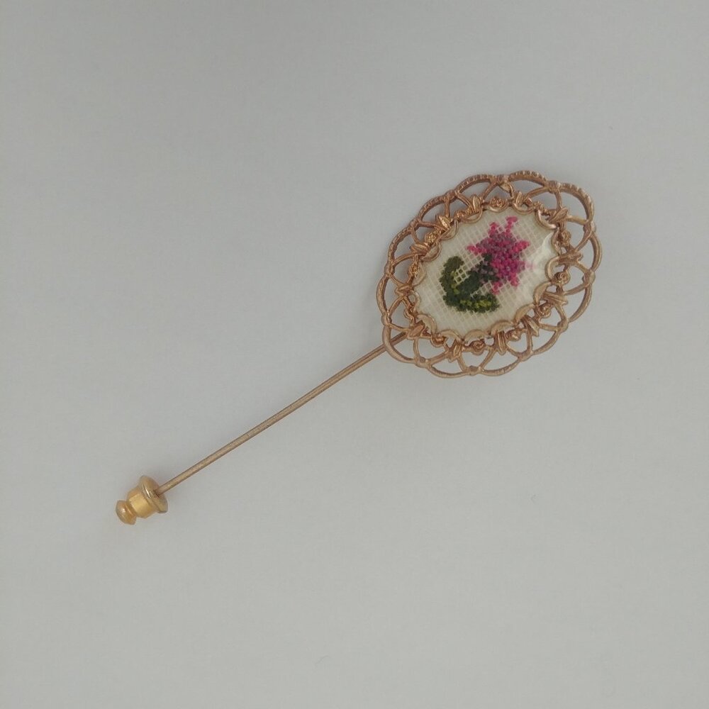 Petit Point dainty intricate gold hat pin with pink flower